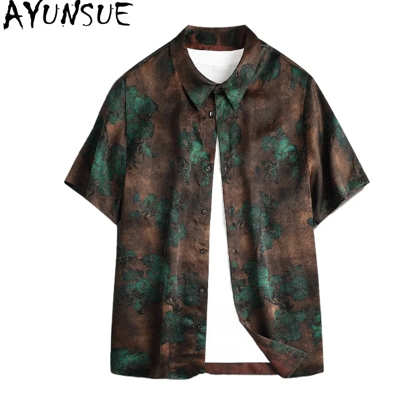 

AYUNSUE Luxury 2026 Watered Gauze Shirts for Man High Quality 100%Real Mulberry Silk Shirt Summer Top Printed Short Sleeve Shirt