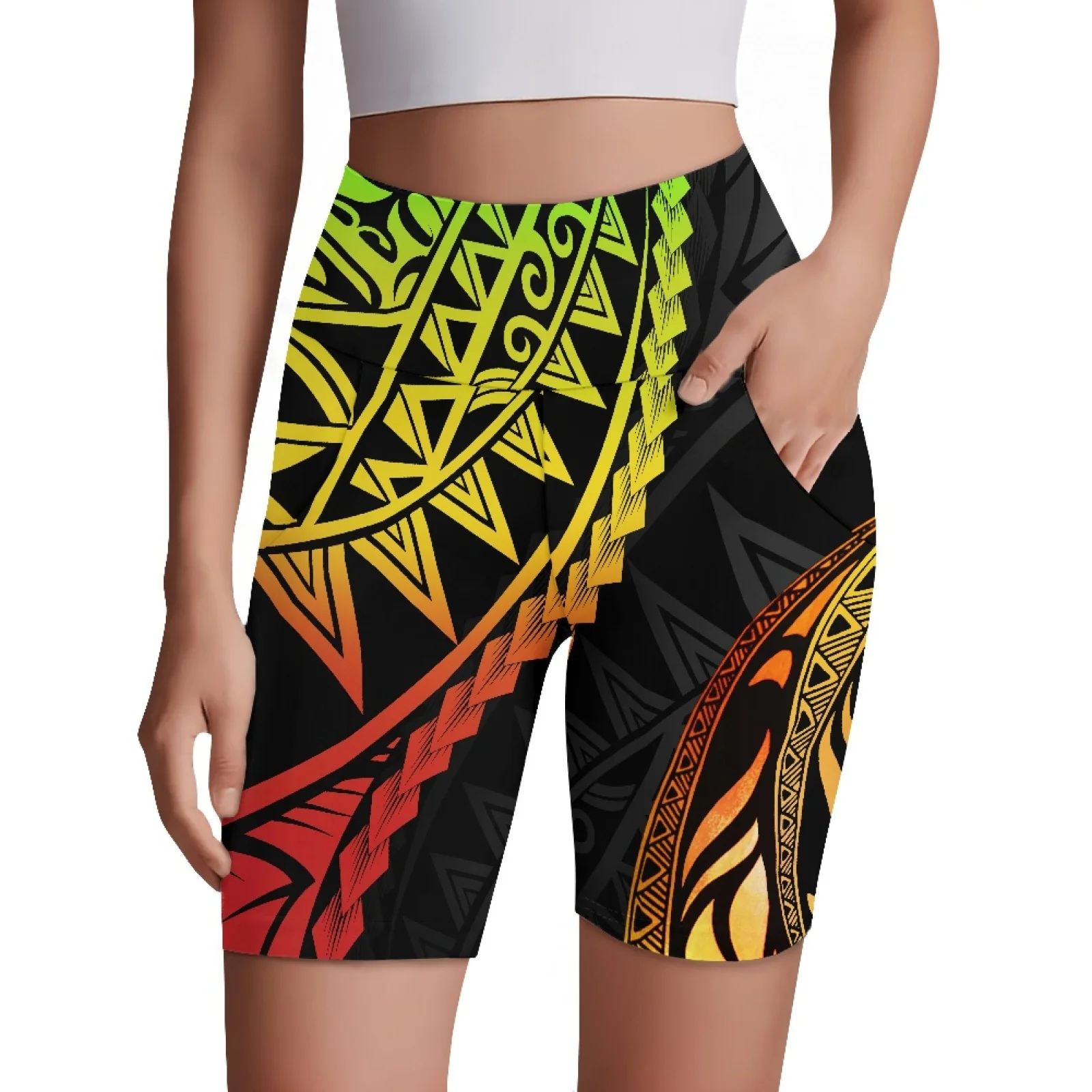 Mulheres bolso lateral impressão yoga leggings curtos cintura alta agachamento à prova calças de fitness secagem rápida ciclismo ginásio lazer esporte
