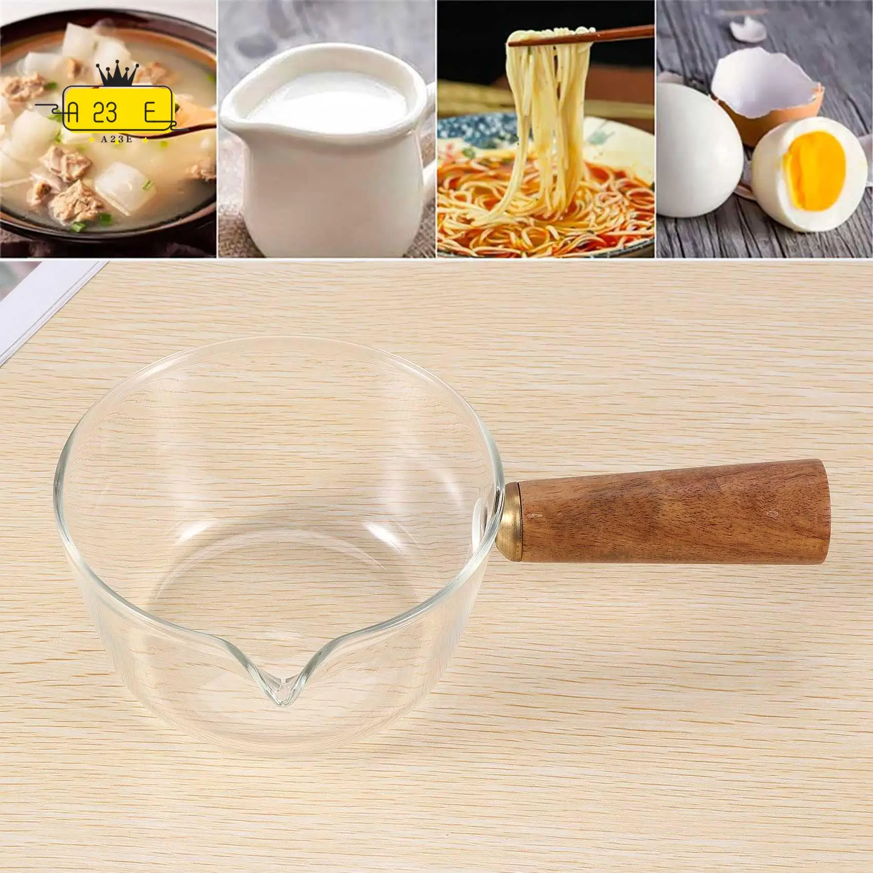 

A23E-Glass Milk Pot With Wooden Handle 400Ml Cooking Pot For Salad Noodles Gas Stove Cookware
