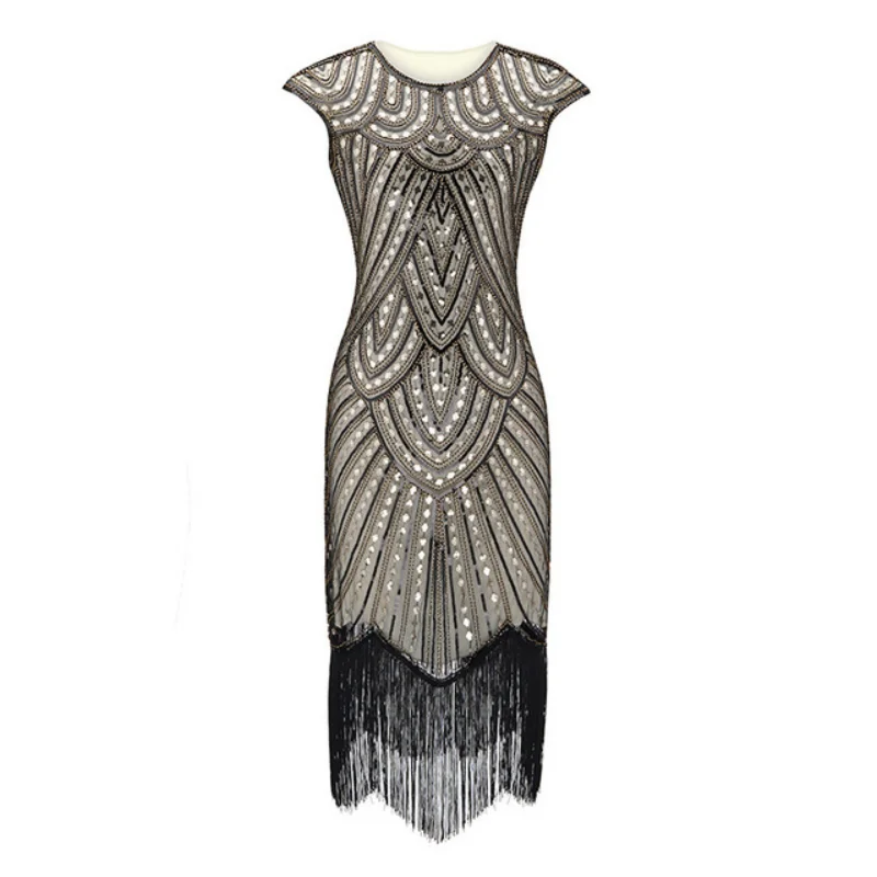 1920s Womens Vintage Flapper Great Gatsby Party Dress O-Neck Sleeve Sequin Fringe Midi Dresses Accessories Art Deco Embellished