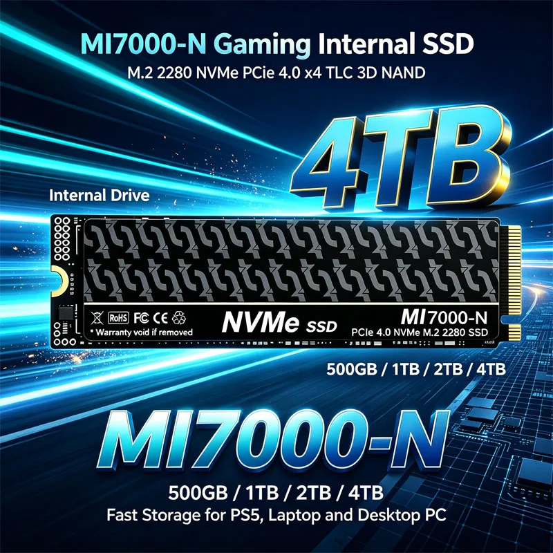 SSD M.2 NVMe para jogos, modelo MI7000-N, PCIe 4.0 X4, TLC 3D NAND, formato 2280, unidade interna, 500 GB, 1 TB, 2 TB, 4 TB, para PS5, portátil e PC de mesa.