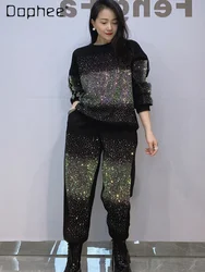 Fashion Starry Diamond Pants Sets Female 2024 Autumn New Round Neck Pullover Long Sleeve Sweatshirts and Pants Two-Piece Sets