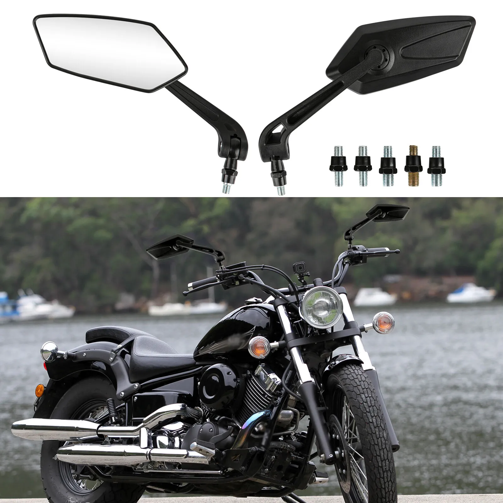 

2× For Yamaha V Star 650 XVS650 250 1100 Black Motorcycle Rear View Side Mirrors