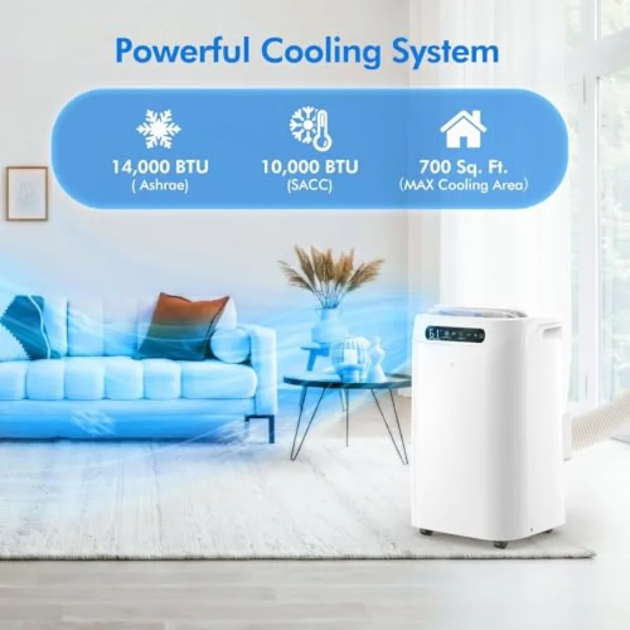 Portable AC for large rooms: 14000 BTU cooling, 700 sq.ft coverage, white plastic unit with quiet sleep mode, 3-in-1 cooling/fa