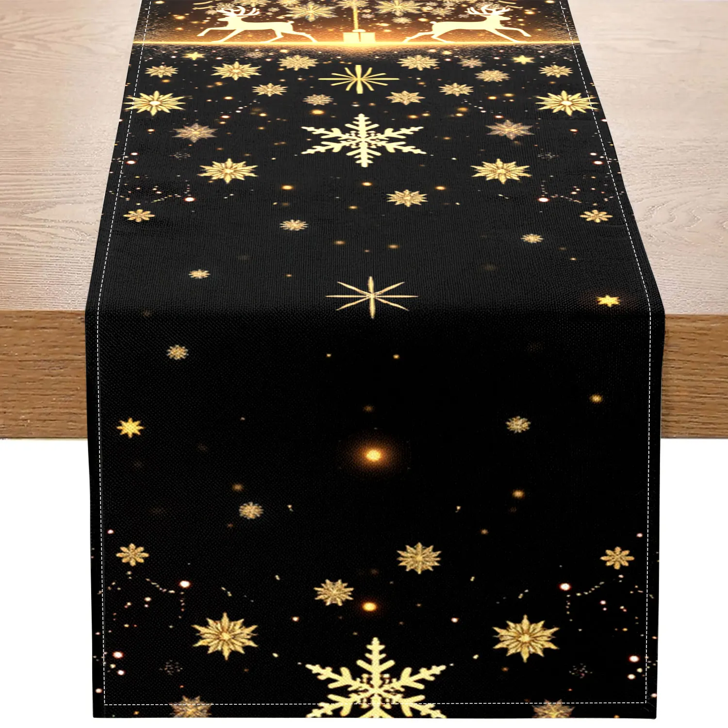 1 Piece of Golden Christmas-Themed Table Runner, Featuring Christmas Trees, Reindeer, and Snowflakes as Main Motifs, Suitable for Christmas Parties, Family Holiday Decorations, and Other Occasions