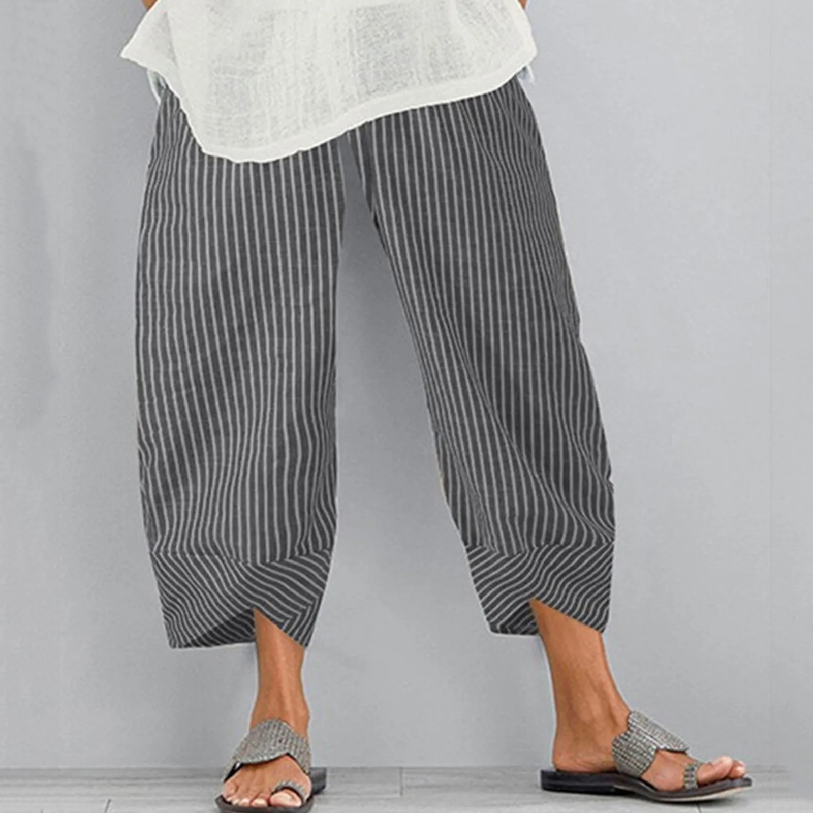 

Printed Striped Women Cropped Pants Loose Wide Leg Pants Lady Elastic Waist Women Casual Pants 2024 Summer Versatile Trousers