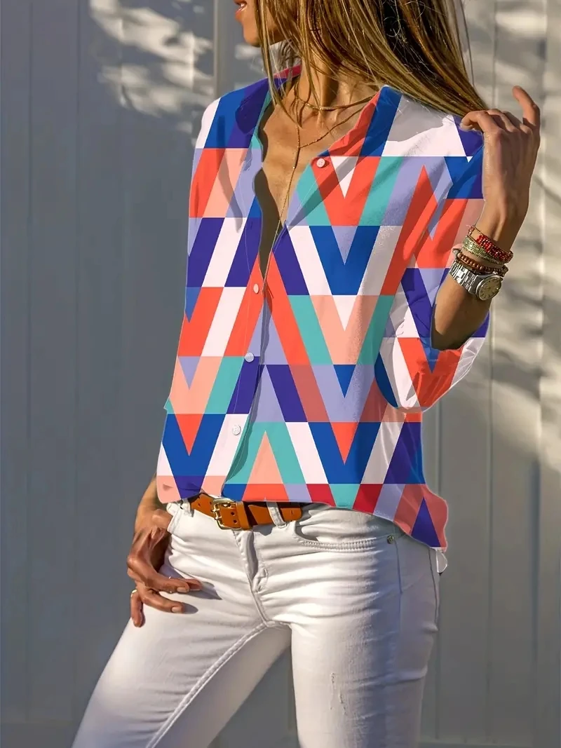 Women\'s Shirts & Blouses,Colorful Geometric Print Shirt,2024 Spring & Summer Plus Size Female Clothing Blouses Tops