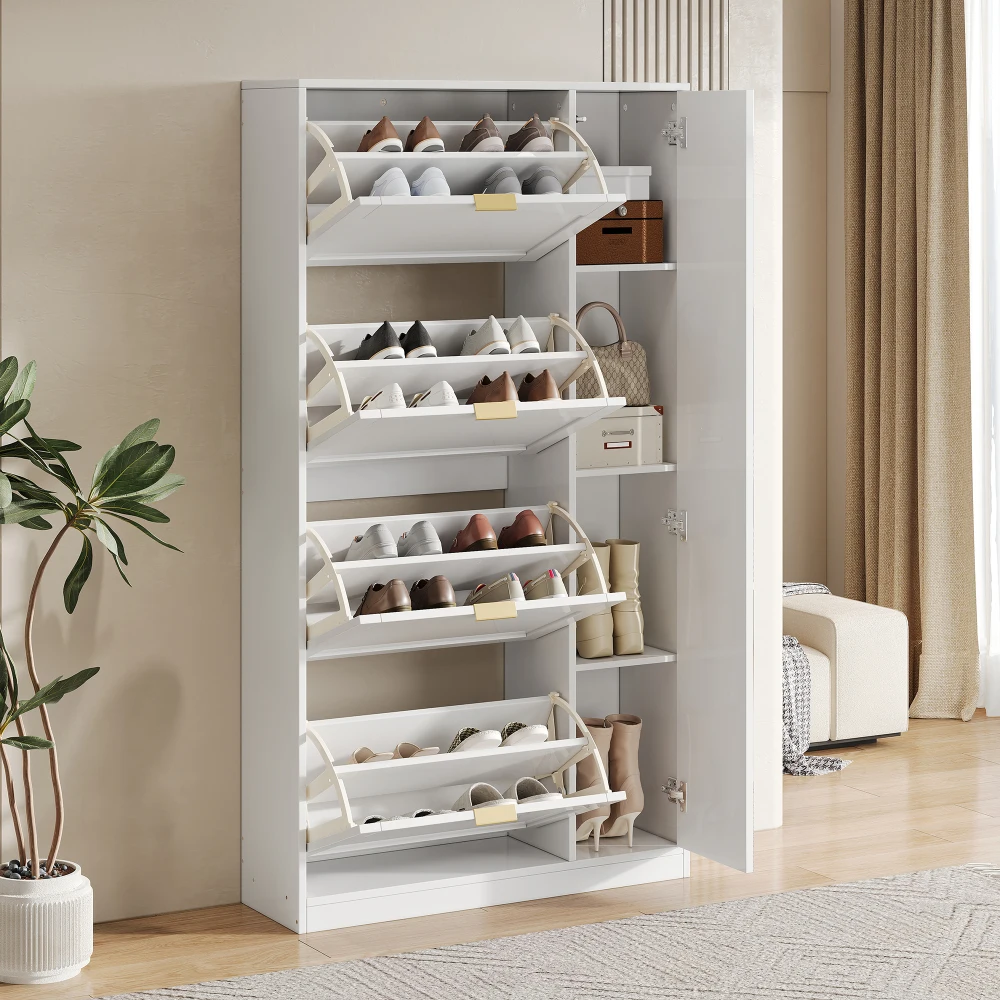 Moderner Schuhschrank mit Spiegel, 4 klappbare Aufbewahrungsfächer, verstellbares Regal hinter dem rechten Spiegel, ideal für den Flur – Detail 3