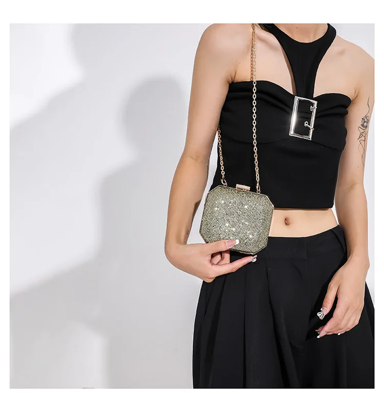 Vintage Fashion Rhinestone Small Clutches For Women 2024 New Gold Silver Black Color Mini Handbags Prom Party Chain Shoulder Bag