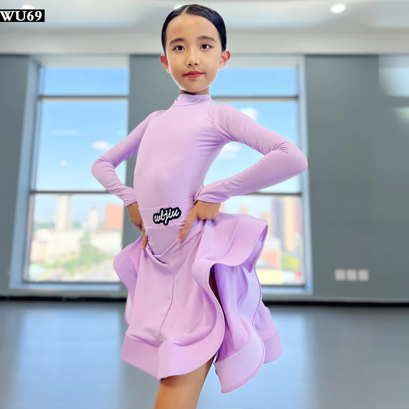 الفتيات اللاتينية الرقص المنافسة الملابس لامعة النسيج طويلة الأكمام فستان رقص الاطفال تشا رومبا الرقص ممارسة ملابس التدريب البدلة