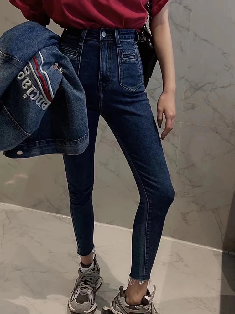 

High Waist Slim Fit Denim Jeans Women's Faionable Retro Double ket Spring New Arrival Dongda Gate Sle Korean Version