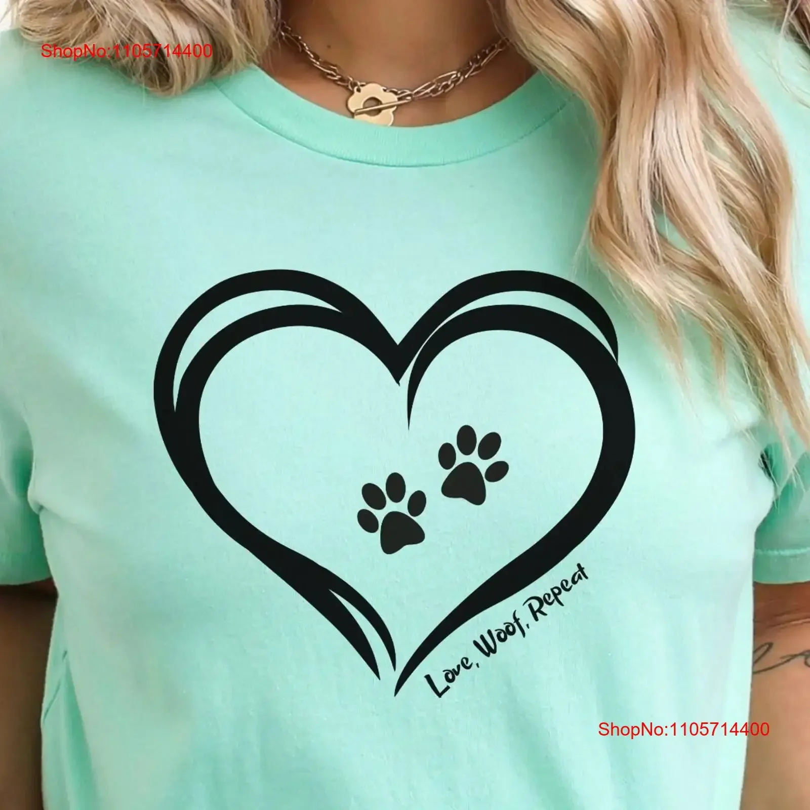 Love Woof Repeat T Shirt Dog Heart Paw Lover PrinT Mom vintage Washed Unisex Slightly designer clothes Comfortable streetwear