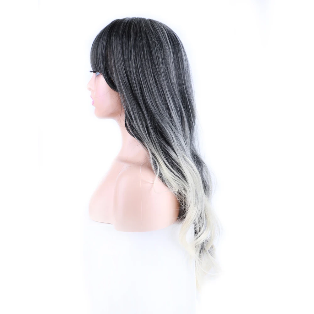 طويل الأوسط فراق بيروكات صناعية للنساء 26 بوصة متموجة الاصطناعية خصلات الشعر المستعار مع الانفجارات مقاومة للحرارة مزيج اللون الشعر الاصطناعية