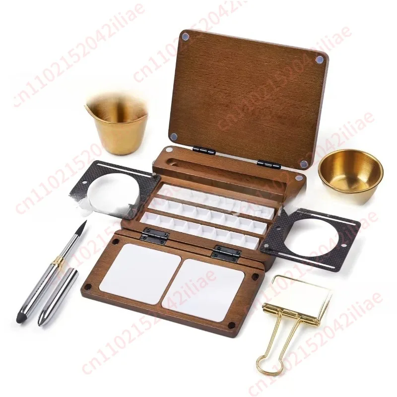 Foldable wooden palette, portable outdoor travel artboard t portable 24-grid watercolor set
