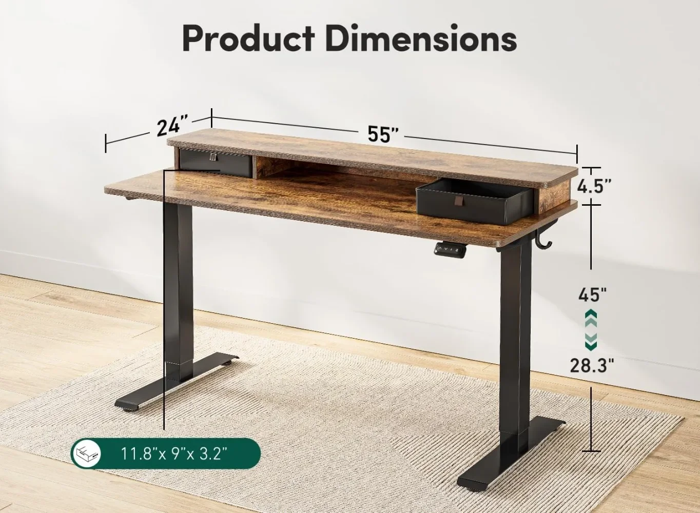 FEZIBO 55 x 24 Inch Height Adjustable Electric Standing Desk with Double Drawer, Stand Up Desk with Storage Shelf, Sit Stand