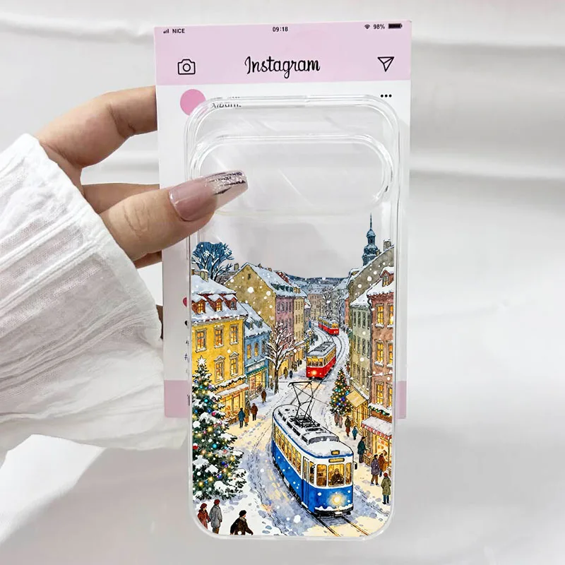 عيد الميلاد مدينة قرية مشهد جراب هاتف لجوجل بكسل 10 برو XL 9 برو 8 برو 6 7A 6A 5G الشتاء الثلوج واضح لينة غطاء من البولي يوريثان #3