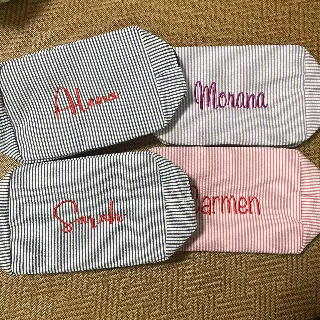 

Personalized Seersucker Cosmetic Bag, Monogrammed Toiletry Bag, Embroidered Make Up Bag,Bridesmaid Makeup Bag, Bridesmaid Gift