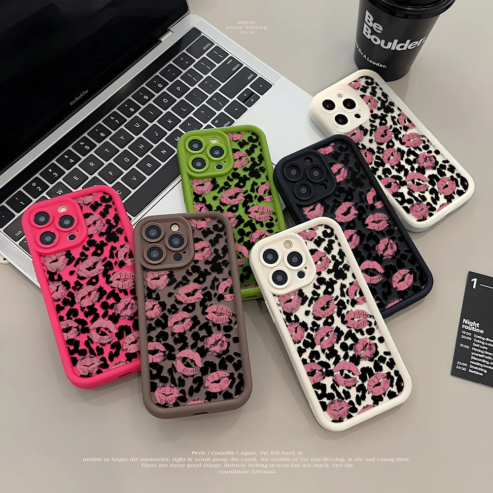 Painted Phone Case for Apple iPhone 17 16 15 14 13 12 11 Pro Max 8 Plus SE Air Cases Kawaii Pink Lip Leopard Silicone Protection