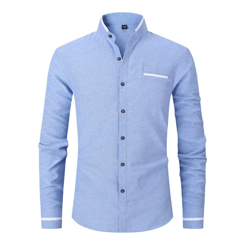 Nowa moda Patchwork Koszule z długim rękawem Mężczyźni Stójka Slim Fit Bluzki Wysokiej jakości Wiosna Jesień Męska Koszula Sukienka — zdjęcie 3