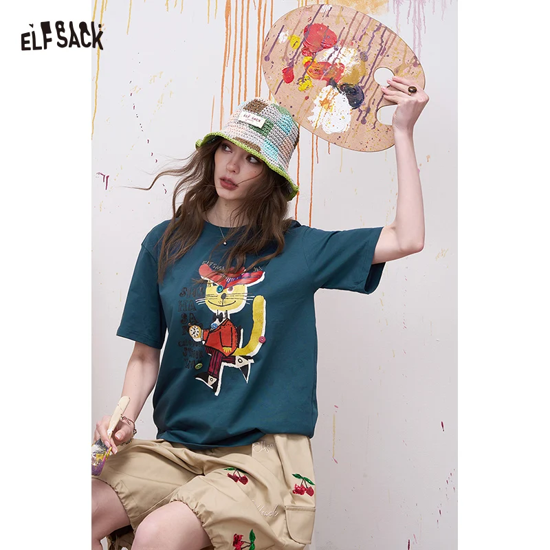 

ELFSACK Vintage Poster Print Graphic Tee with Relaxed Fit, Retro Streetwear Short Sleeve T-Shirt, Cotton Casual Top for Women