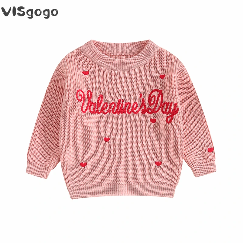 

VISgogo Baby Boy Girl Sweater Letter Heart Embroidery Crew Neck Long Sleeve Pullovers Fall Toddler Valentine's Day Clothes Tops