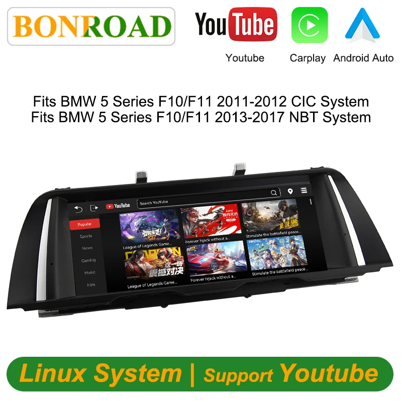 Schermo multimediale touchscreen Bonroad Linux per BMW Serie 5 F10 F11 sistema CIC NBT 2011–2017 con CarPlay wireless e Android Auto.
