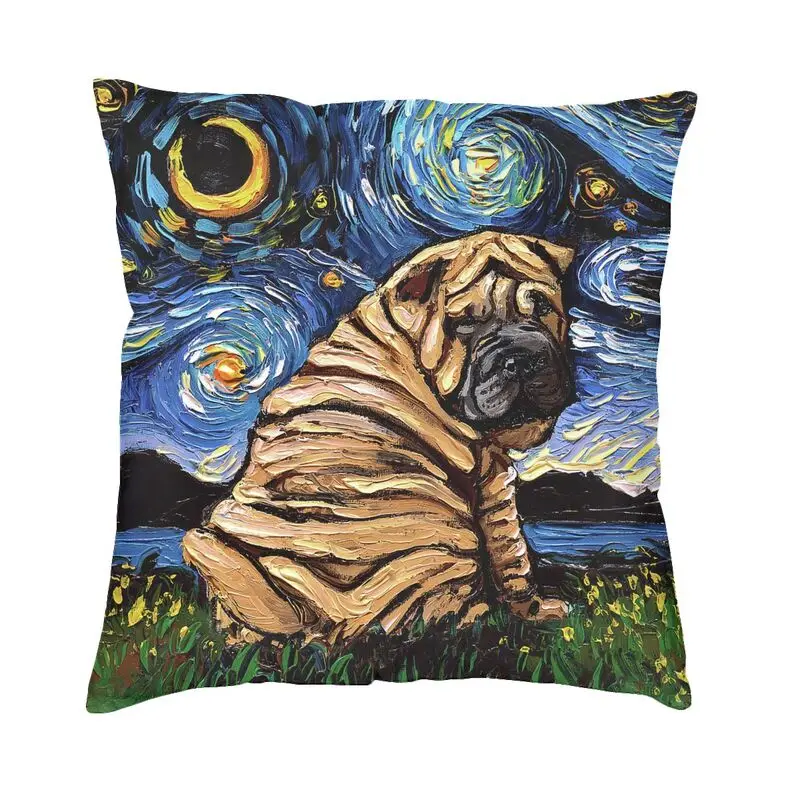 Funda de cojín de sofá con cremallera cuadrada, funda de almohada de poliéster, decoración creativa para el hogar, perro Shar Pei, noche estrellada, Sharpei