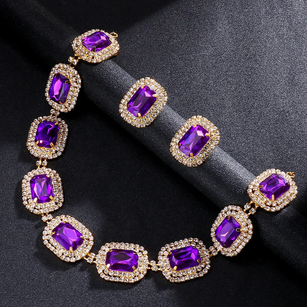 Purple Rhinestone Big Square Stone Choker Necklaces Earrings Sets For Women Vintage Gold Silver Color Bridal Wedding Jewelry Set