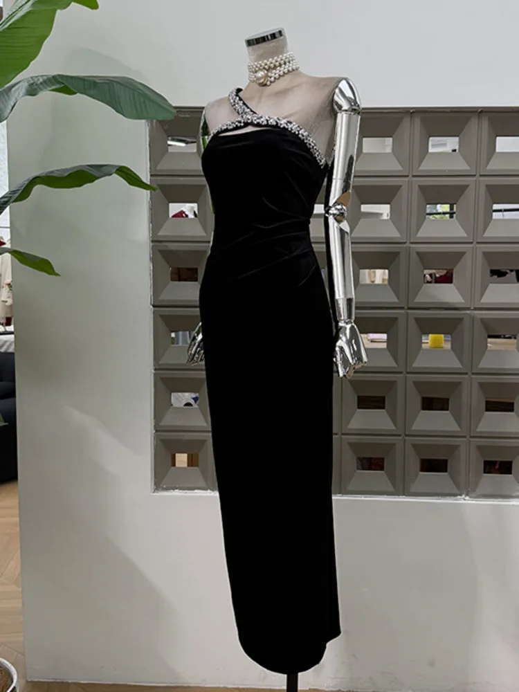 DFDG Women’s One Shoulder Strapless Velvet Dress Sexy Elegant Slimming Bodycon Evening 2025 Spring Summer Holiday Party dress