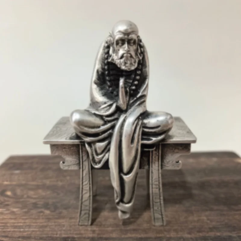 Antique Silver-Plated Copper Bodhidharma Statue - Zen Patriarch Figure, Exquisite Home Desktop Decor & Collectible Ornament