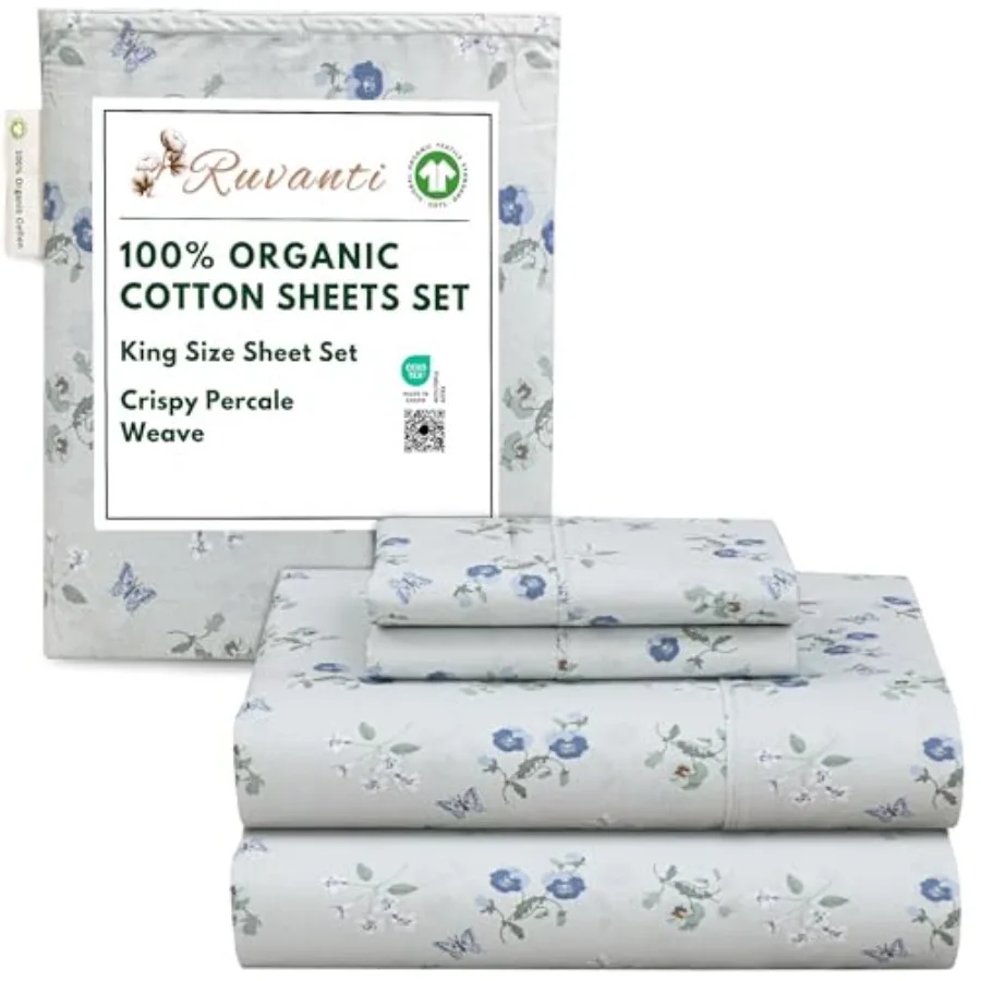 

Комплект постельного белья из 100% органического хлопка, перкалевое плетение, сертифицировано GOTS, 4 предмета, глубокие карманы 15 дюймов, свежий и дышащий, мягкий и прочный