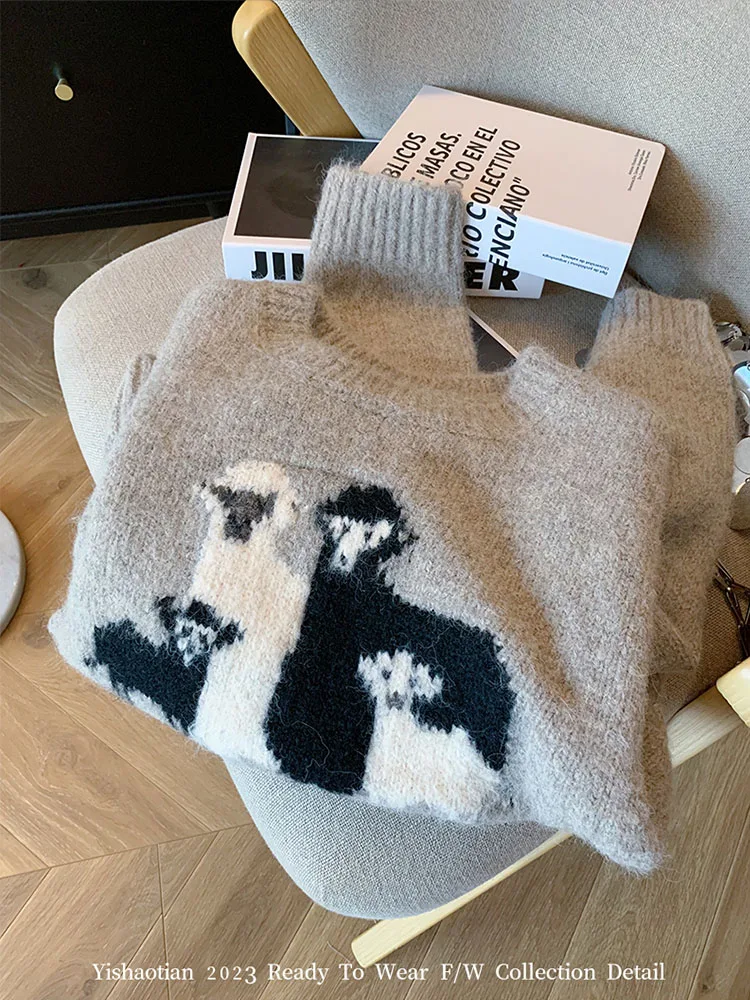 2023 Women Autumn Winter Grey Knitwear Jumper Simple Vintage O-Neck  Sweater Animal Print Cute Long Sleeve Pullover Streetwear