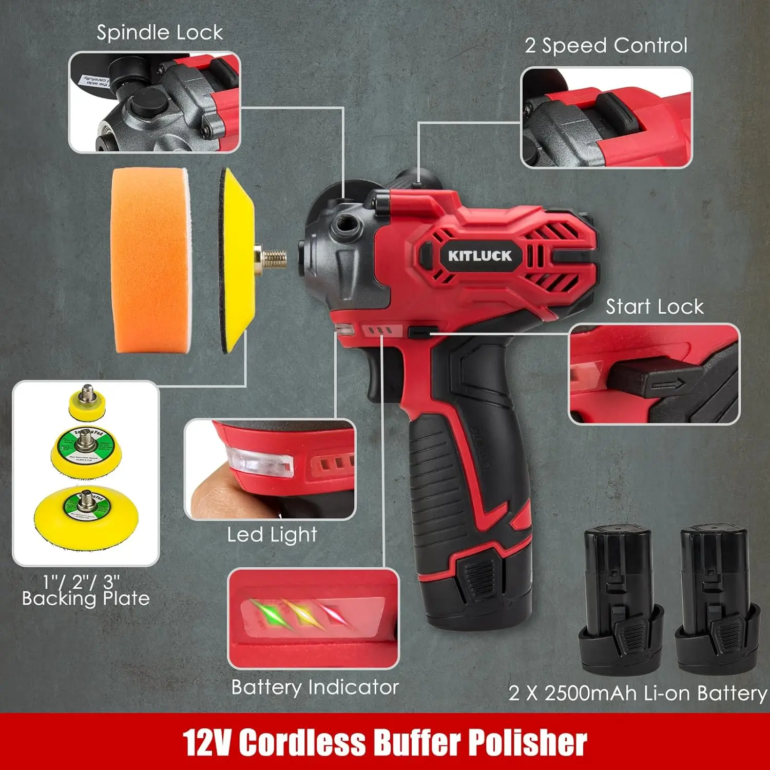 Cordless Buffer Polisher, 12V Mini Wax Buffer & Sander With 2 X 2.5Ah Battery & Charger, 1/2/3