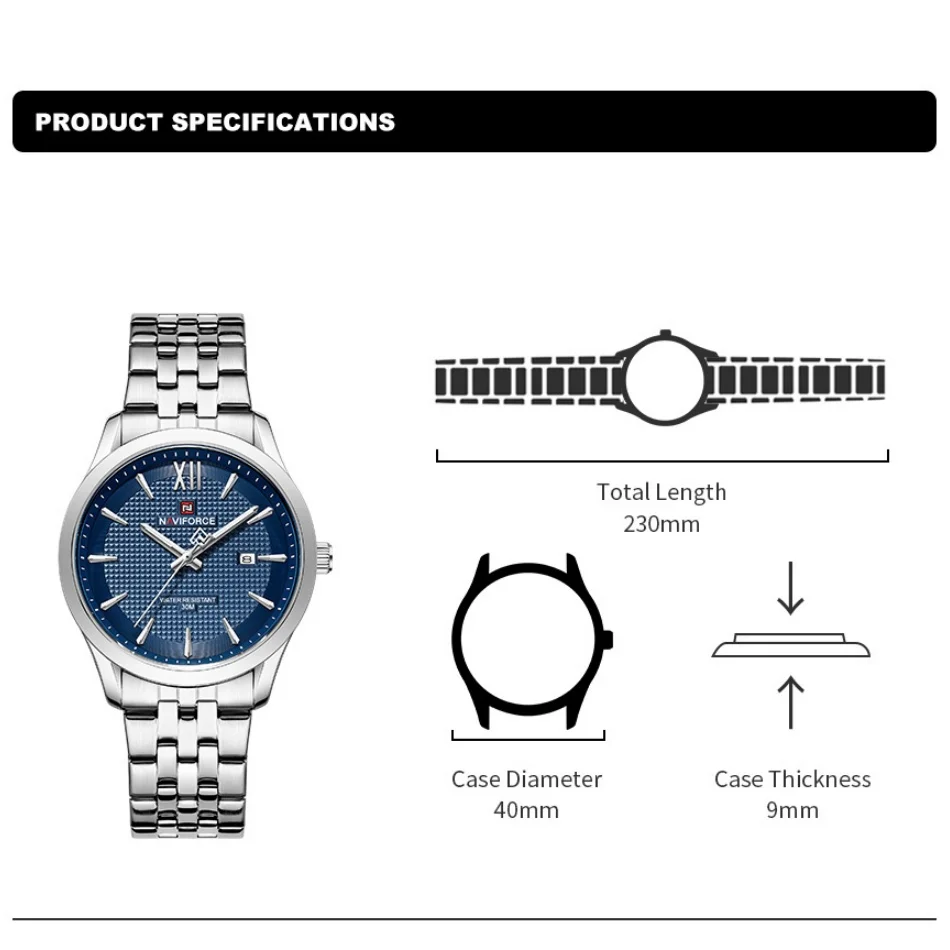 Top Brand NAVIFORCE Men's Stainless Steel Luxury Sports Watch 30m Waterproof Band Date Calendar Feature for Active Boy‘s Clock