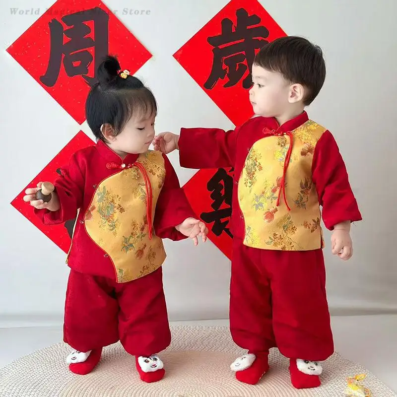 Chinese Style Tang Clothes Baby Kids Spring Festive New Year Hanfu Gift Newborn Tang Suit Children Vintage Long Sleeve Top Pant