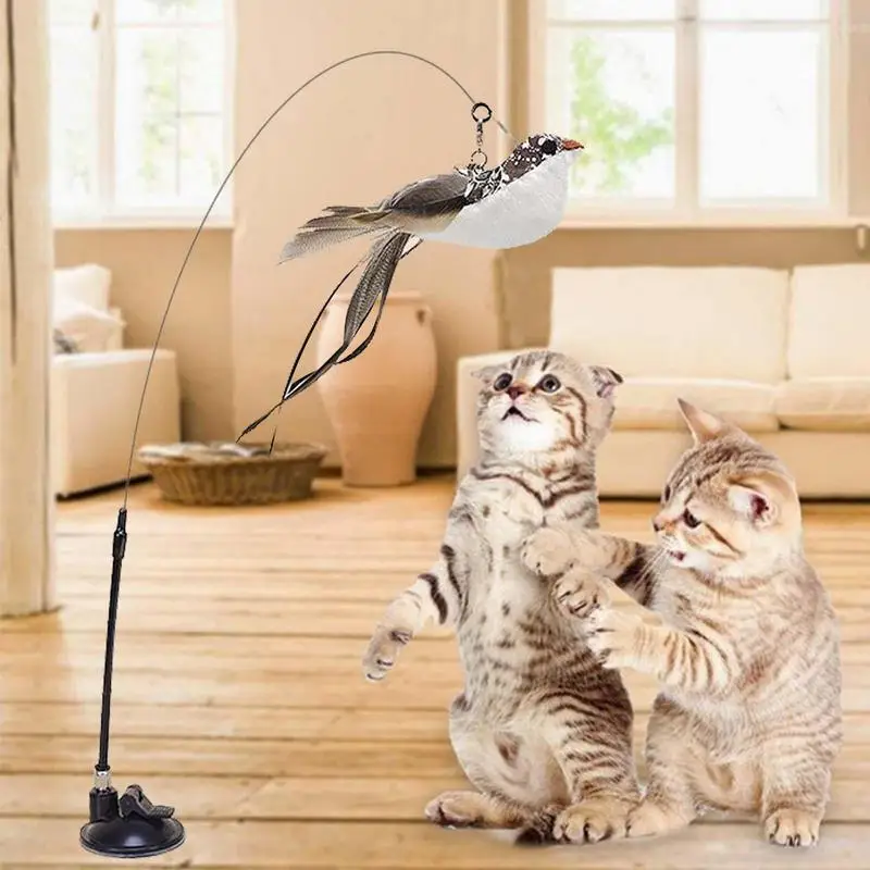 Long Cat Feather Wand Suction Cup Base Interactive Cat Feather Toys Funny Cat Toys For Indoor Cats Cat Teaser Cat String Toy