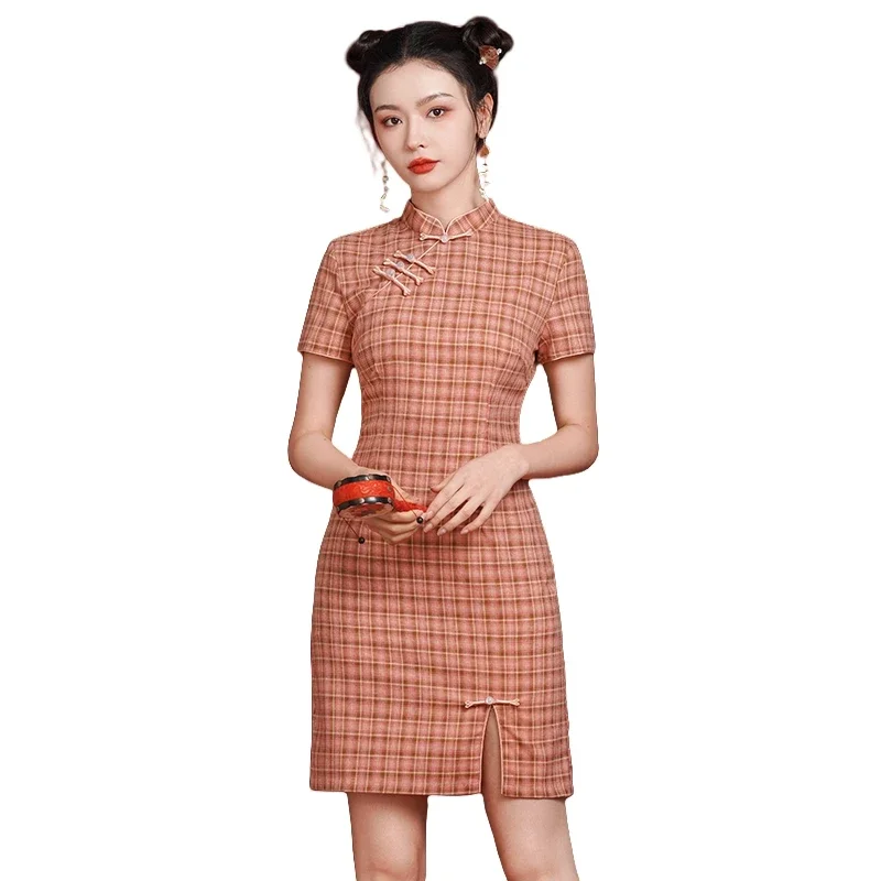 

Cheongsam Chinese New Year 2025 Vintage Pink Plaid Qipao Party Dress Summer Women's Short Sleeves asian dress