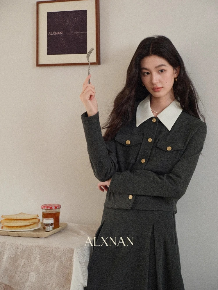 ALXNAN gris vêtements d'extérieur court col rabattu poches épaule régulière Premium veste de luxe métal boutonné manteaux de bureau L578127