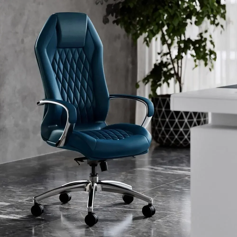 Modern Ergonomic Sterling Genuine Leather Executive Chair with Aluminum Base - Dark Teal Blue