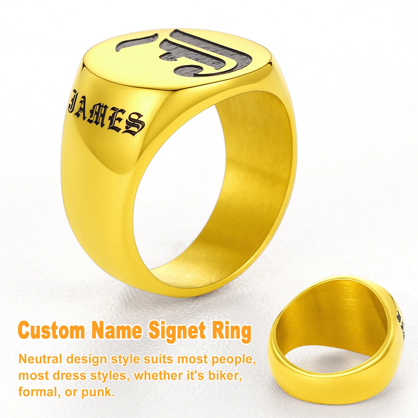 U7 Laser Deep Engrave Letters Round Rings for Man Stainless Steel Name Signet Ring Custom Team Club Class Lover Family Jewelry