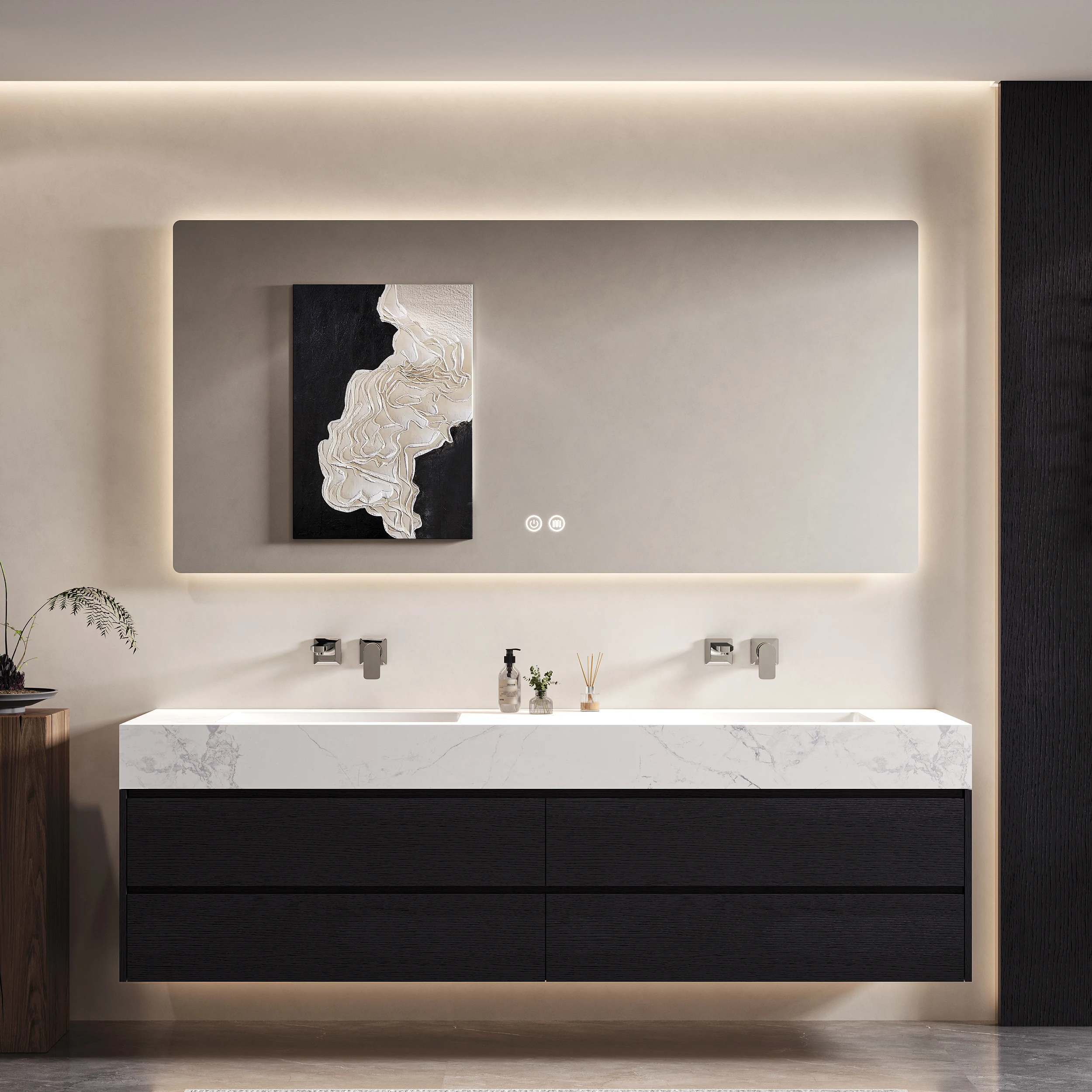 HV-New Trend Modern Hotel Style Rock Tile Ceramic Seamless Basin with Smart LED Mirror Bathroom Cabinet*