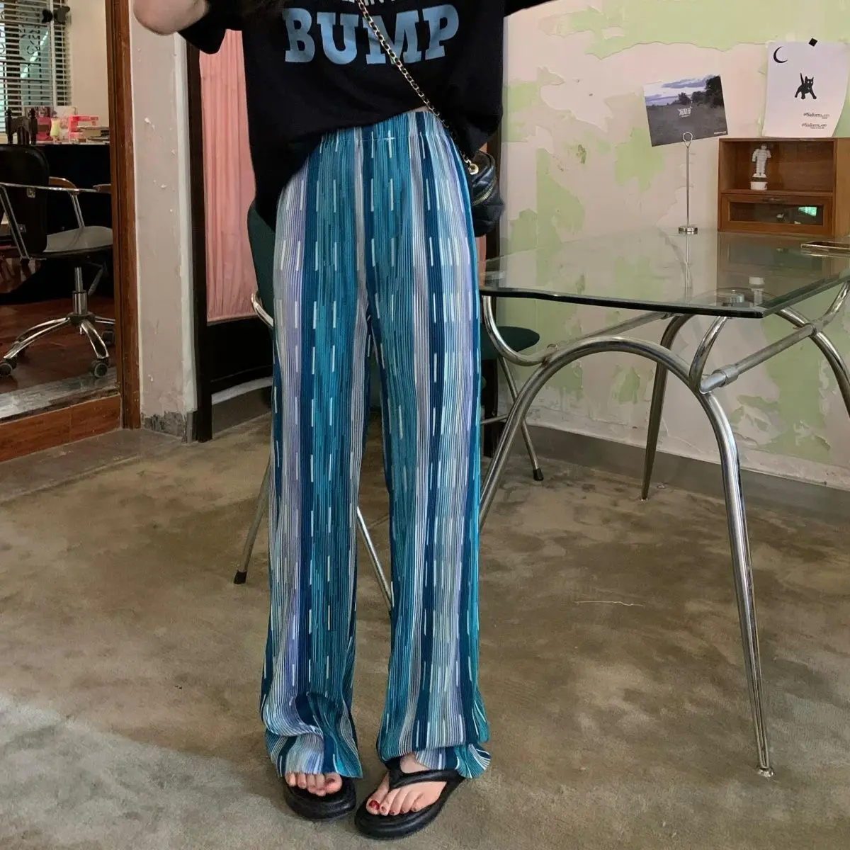 Pink themed niche wide leg pants for women in summer 2025, new high waisted striped casual outerwear straight leg pants