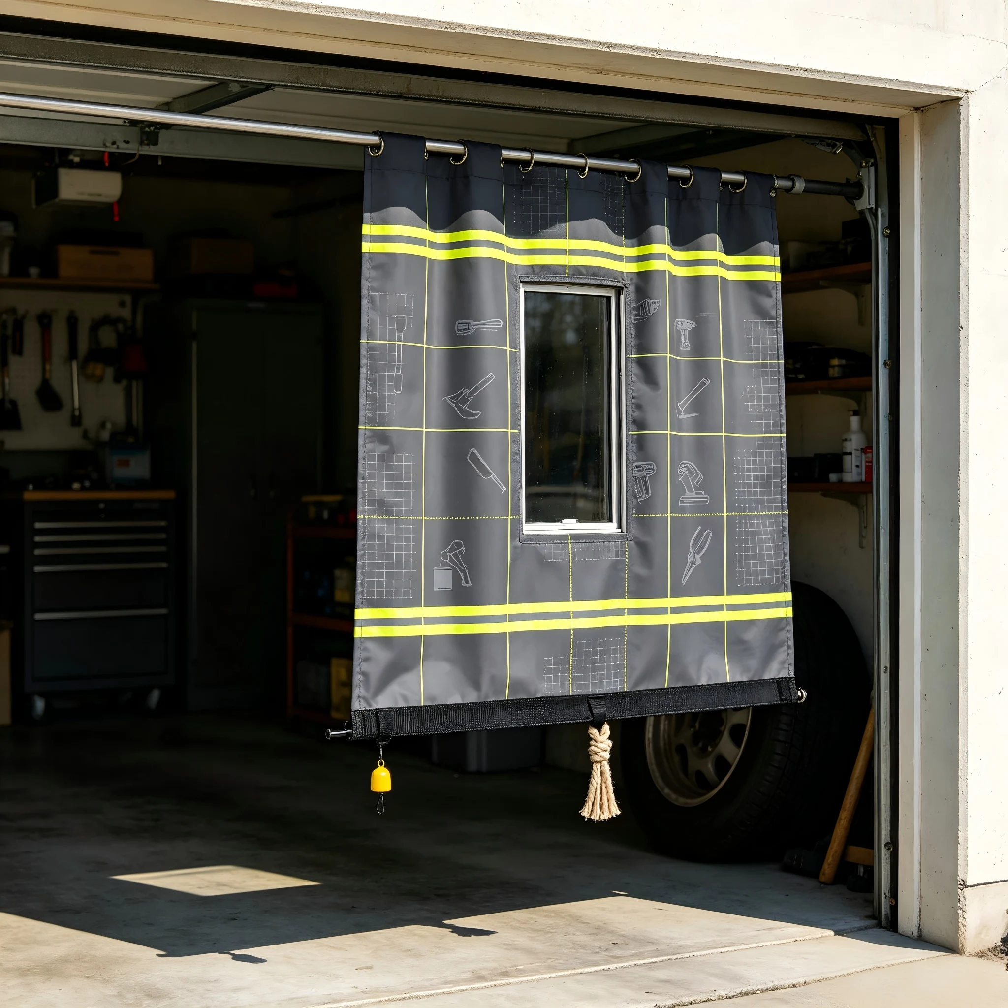 200335  Garage entrance small window dark gray waterproof polyester fluorescent yellow checkered curtain