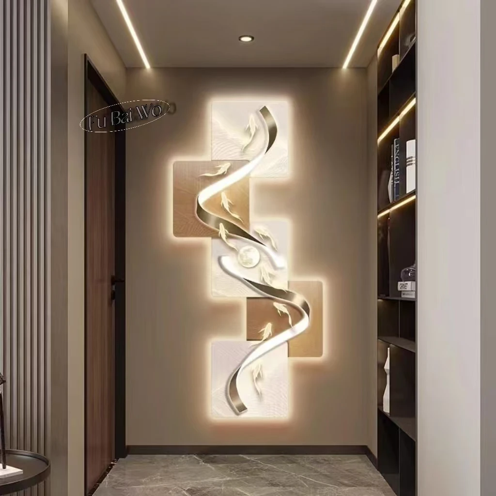 

Nine Fish Entrance Decoration Painting, Modern Light Luxury Wall Clock Painting, Corridor, High end LED Light Mural Painting