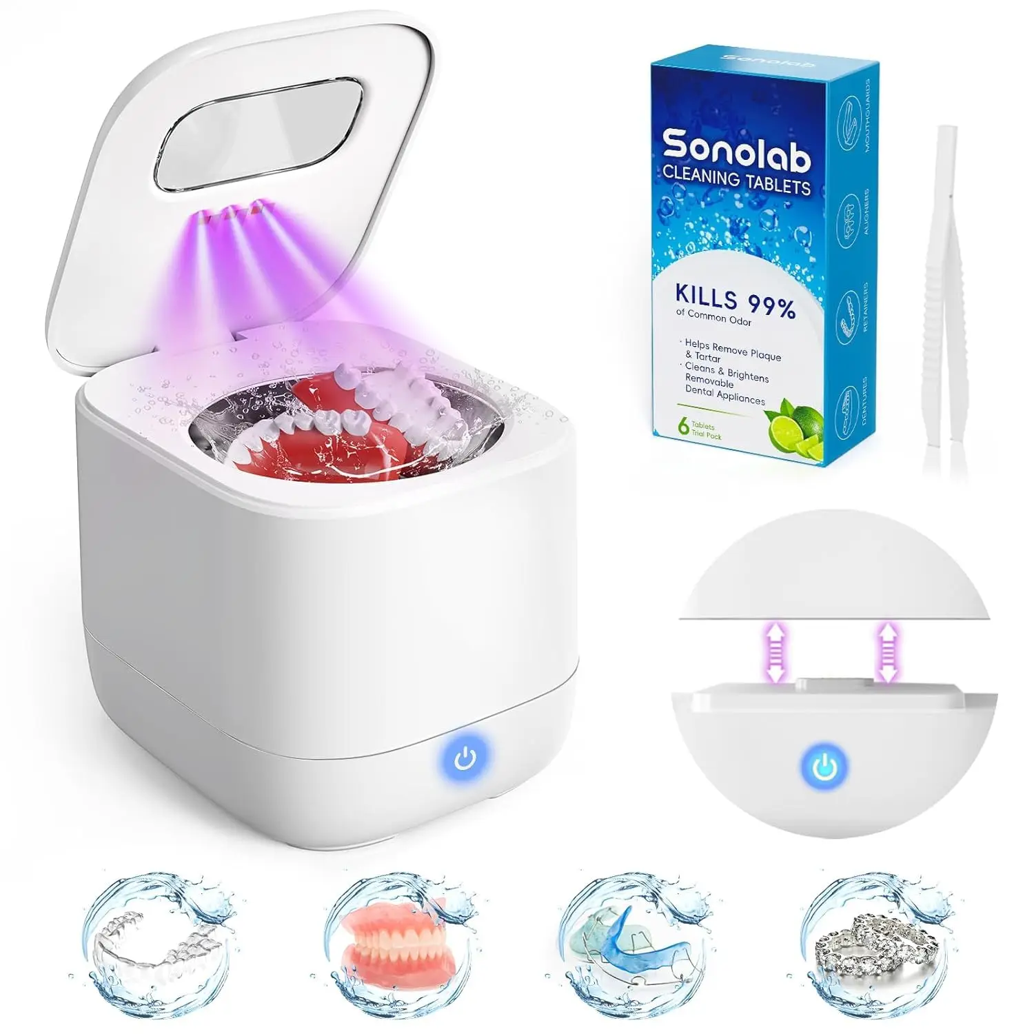 

Ultrasonic Cleaner with Removable Tank, UV Light, and Tablets for Dentures, Aligners, Jewelry - 240ml Large Capacity