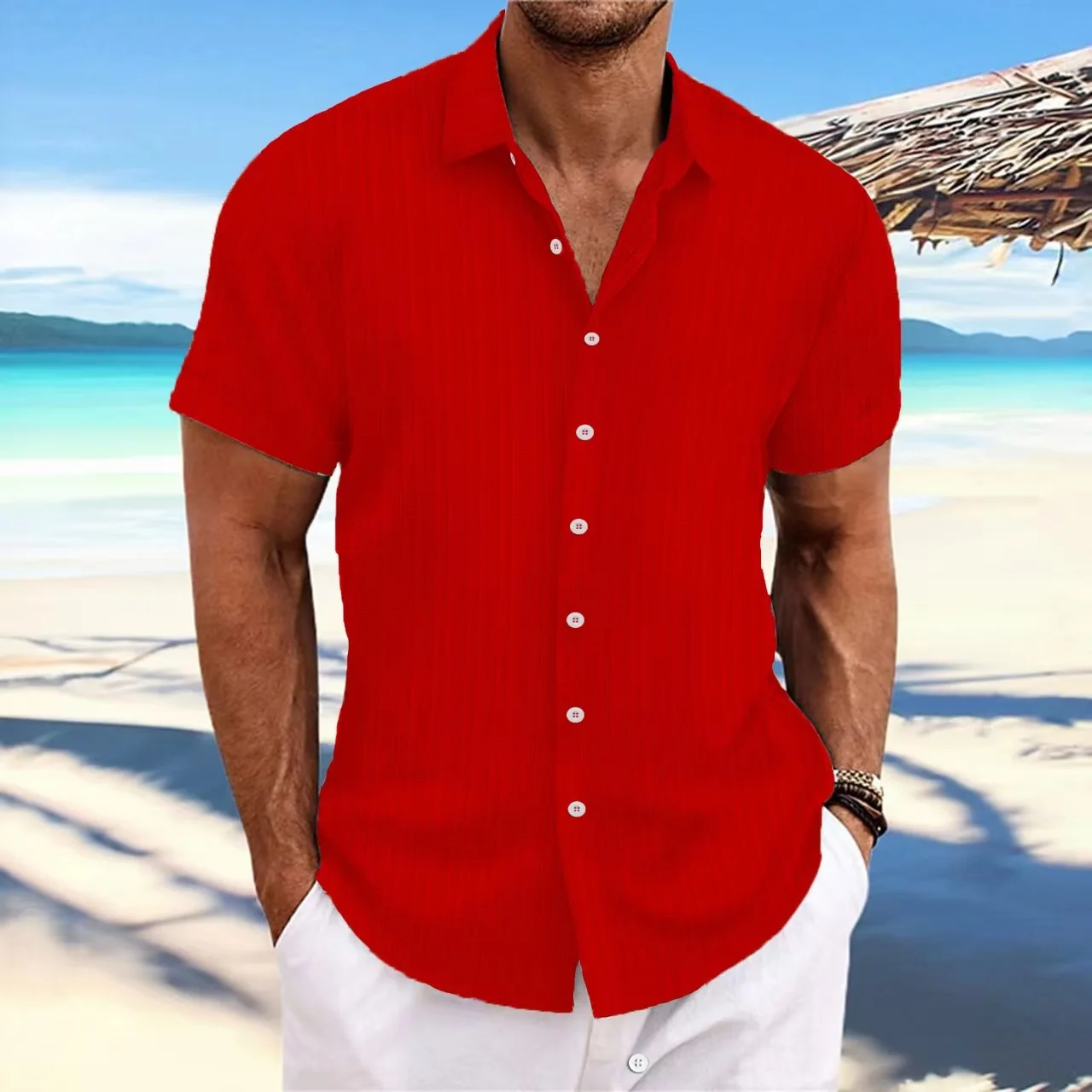 

New summer men's fashion trend cotton hemp striped jacquard casual loose short sleeve shirt daily comfort men beach top