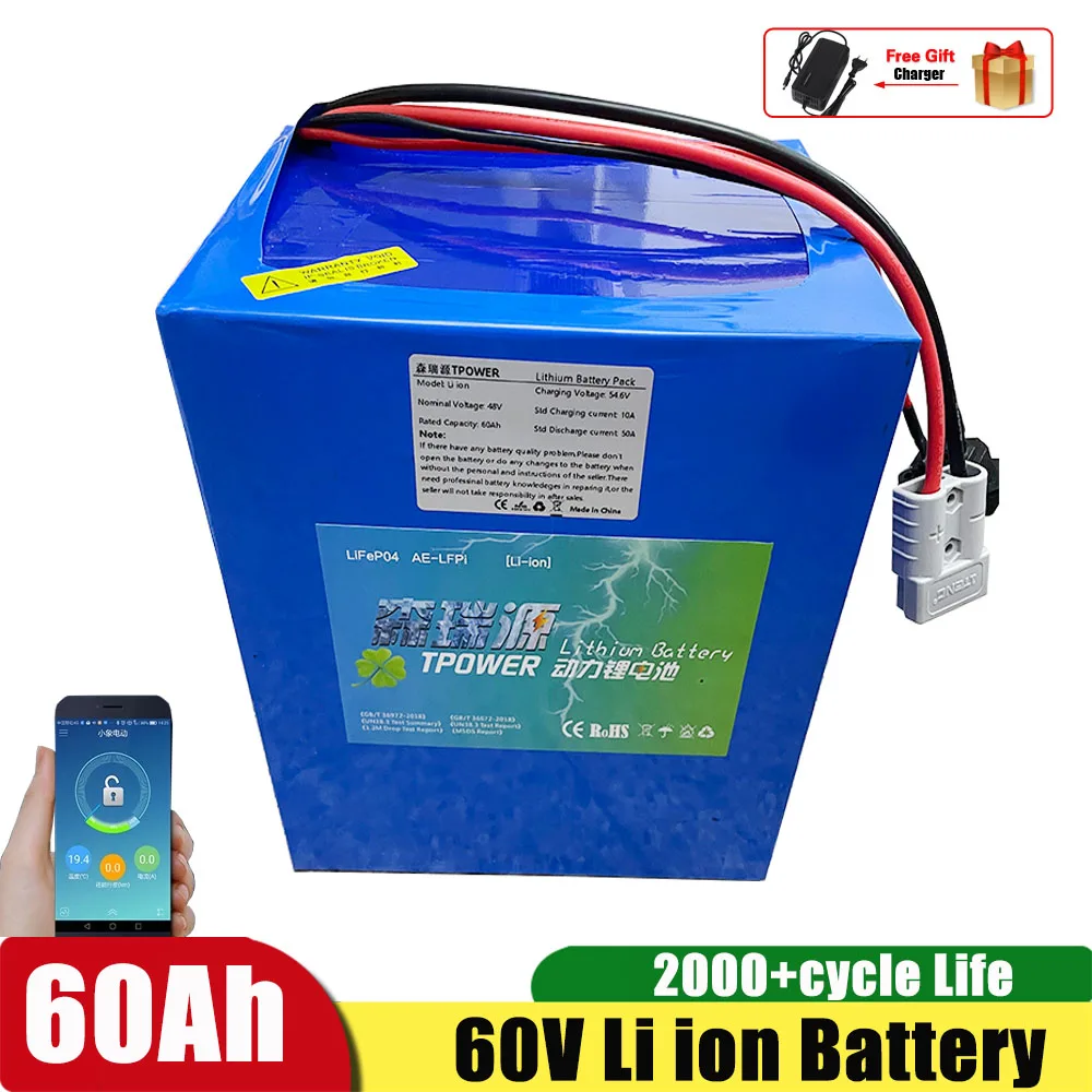 

60V 60Ah Lithium Ion Battery BMS 16S Li Ion for 3000W Bike Tricycle Scooter Motorcycle Lead Acid Replacement + 10A Charger