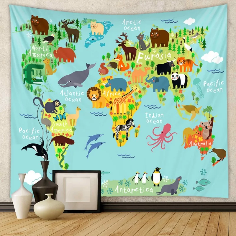 VIKAMA Polyester World Map Tapestry Modern Aesthetic Wall Hanging for Bedroom Living Room Dorm Room Home Decor