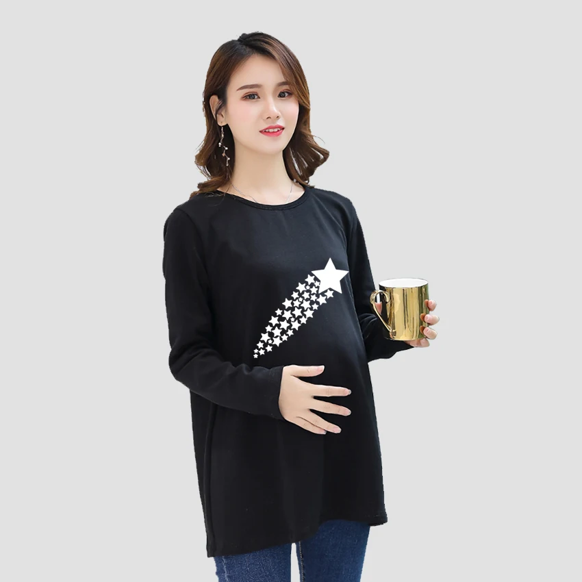 

90s Pregnant Women Tee Funny Five-pointed Star Cartoon Print Maternity Clothes Casual Pregnancy T Shirts Mom Long Sleeve Shirt