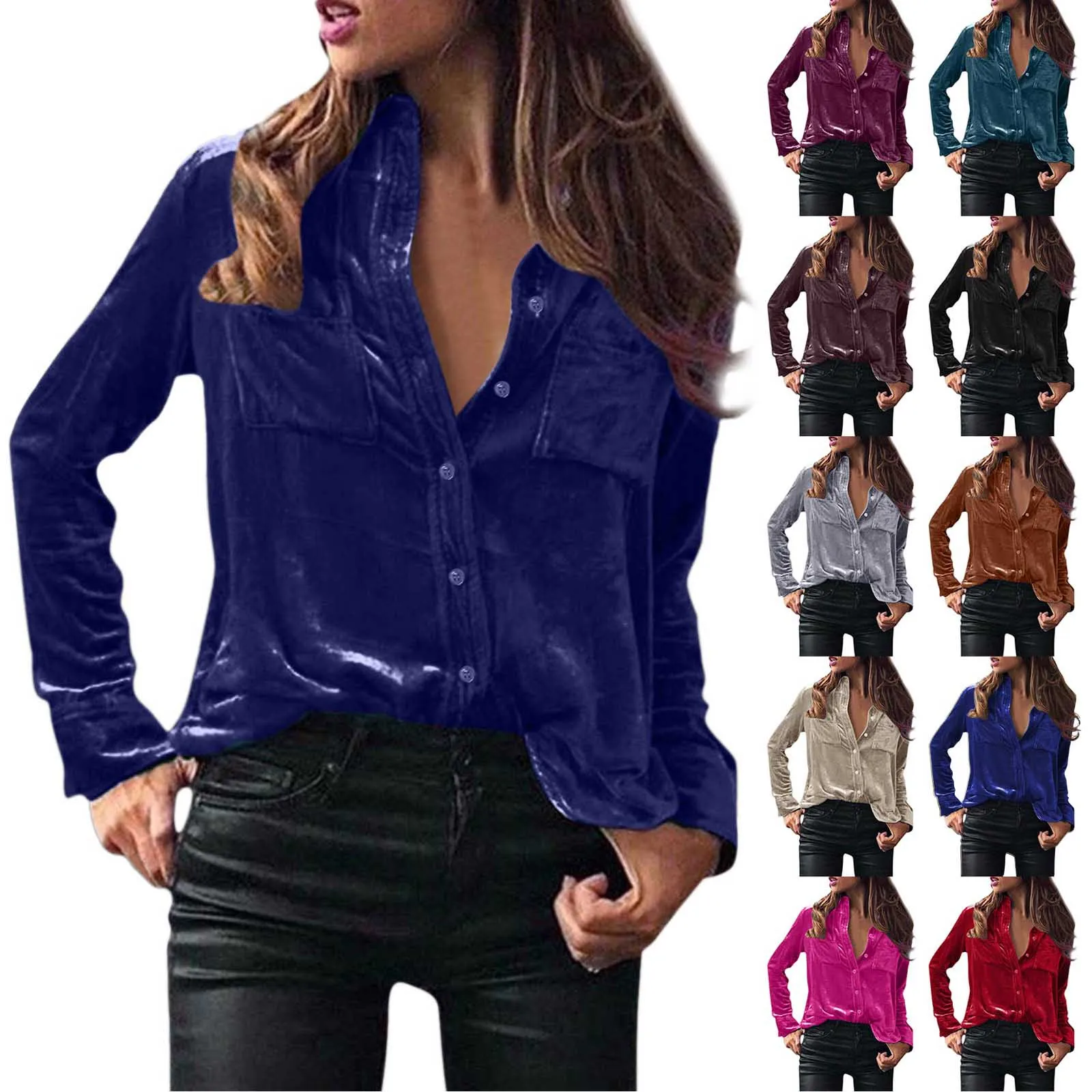 Fashion Velvet Buttons Blouse Shirt Casual Loose Pockets Tops Casual Spring Ladies Female Women Long Sleeve Blusas Pullovers